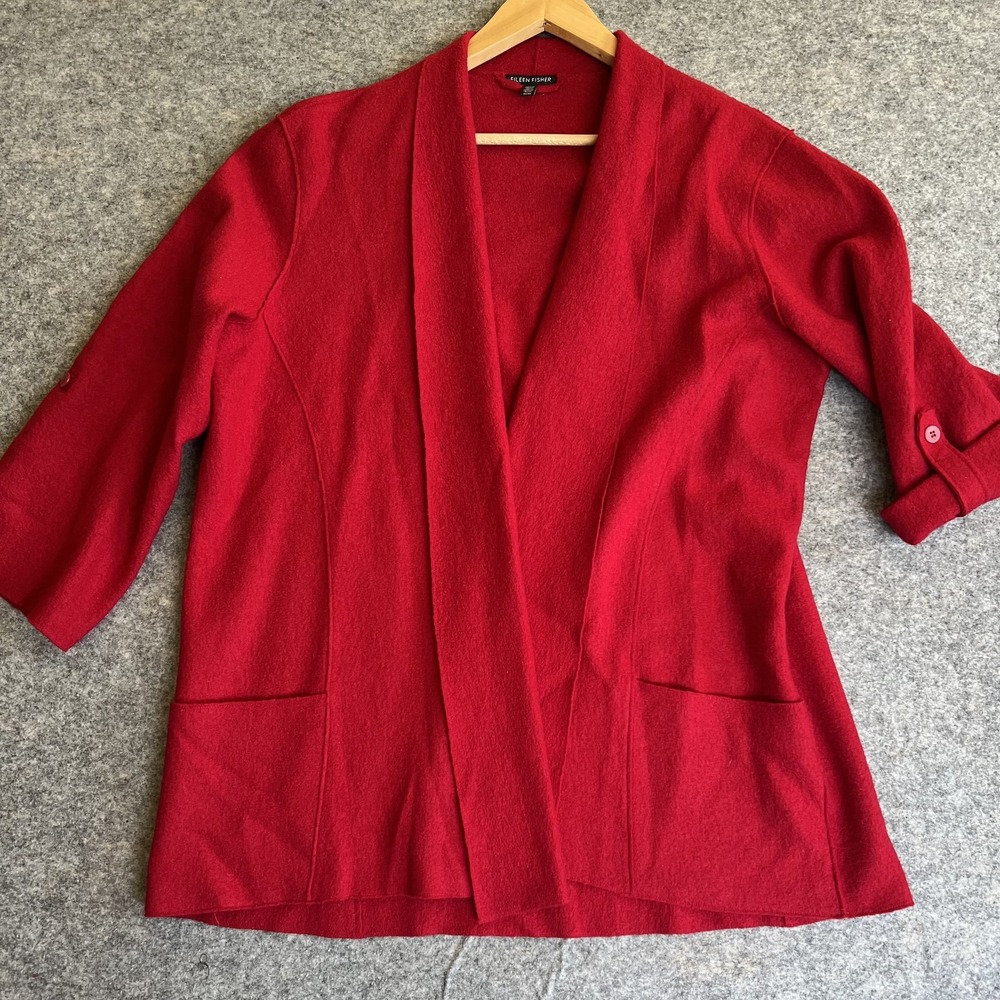 Eileen Fisher Cardigan Womens Medium Wool Open Front Pocket‎ 3/4 Sleeve Cardigan